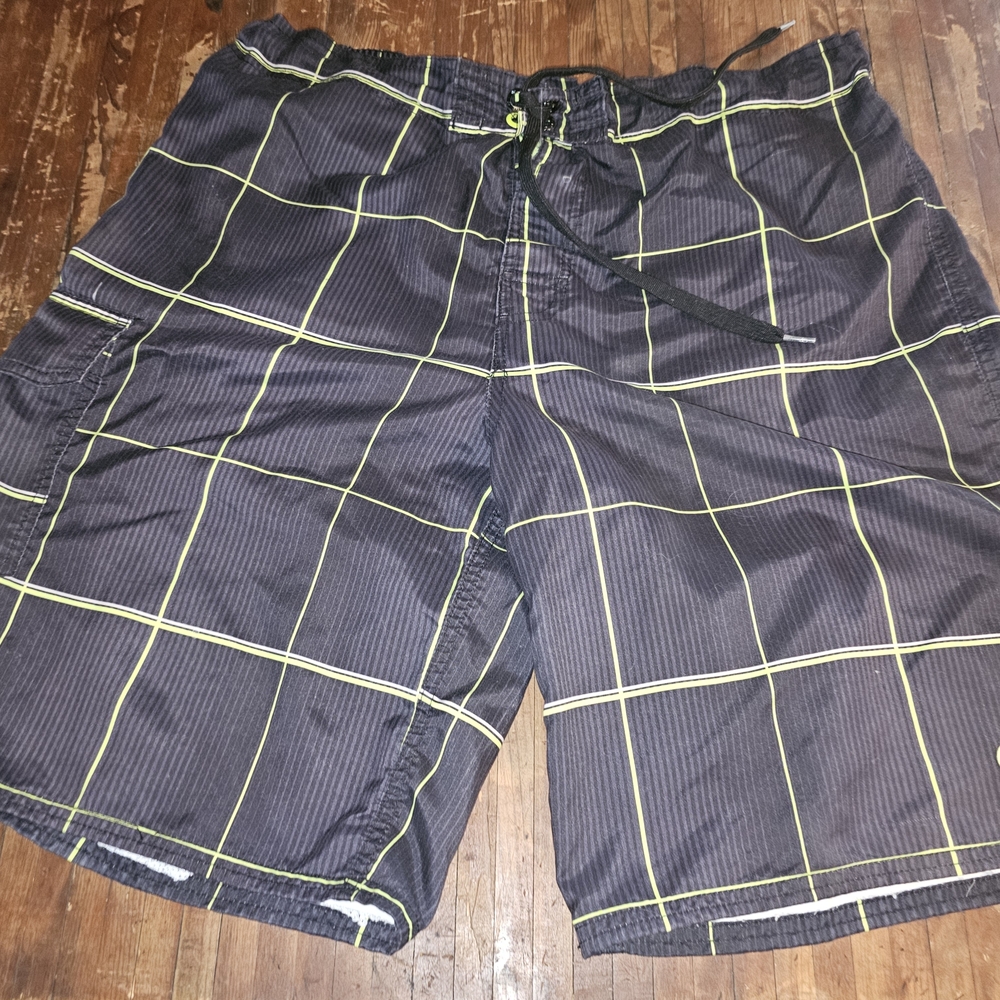 Men's Black and Yellow Checkered Swim Shorts